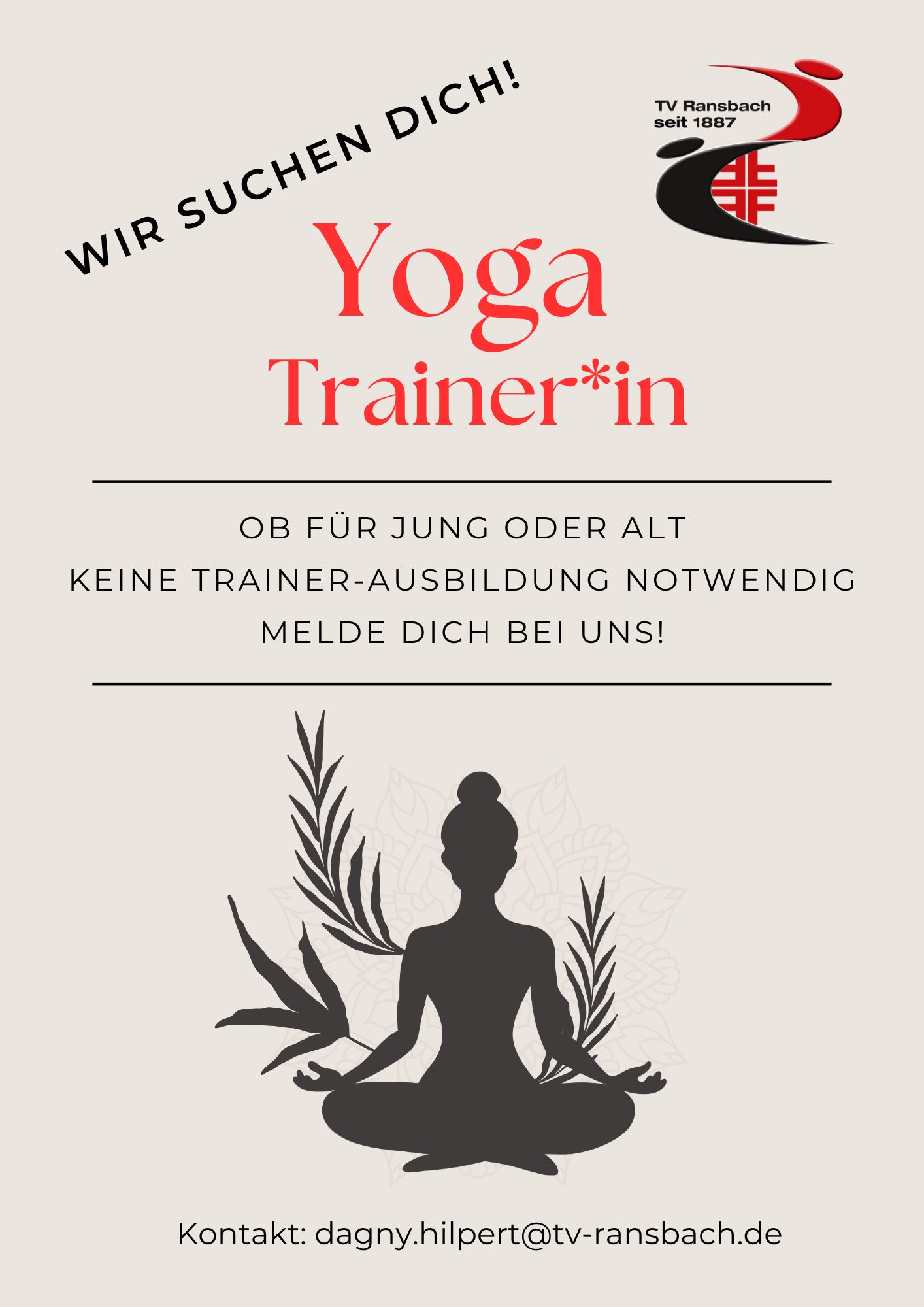 Yogatrainer gesucht Plakat des TV Ransbach: Yogatrainer gesucht